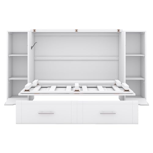 Ball & Cast Queen Size Solid Pine Murphy Bed with Charging Station, White + Walnut P2075