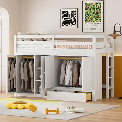 Harper & Bright Designs Twin Size Loft Bed with L-Shaped Desk and Stairs, Solid Wood, White D768