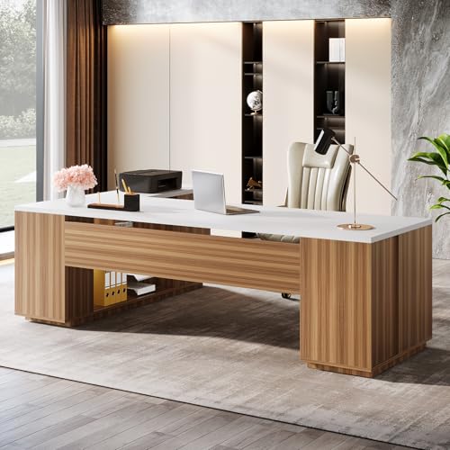 Tribesigns 85.8-Inch L-Shaped Executive Desk with File Drawers & Shelves, White & Brown I578