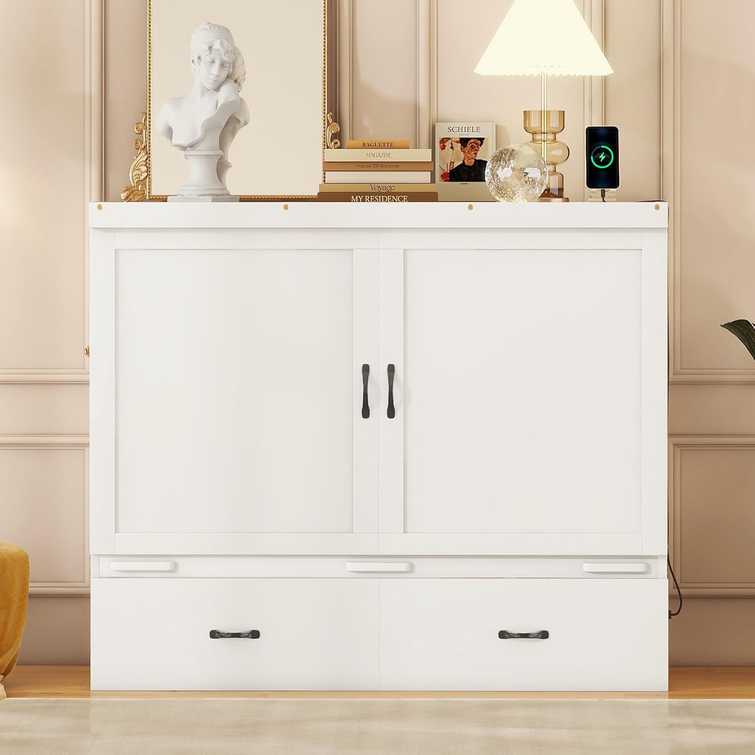 Full Size Murphy Bed Cabinet with Storage Drawer and USB Port, White L988395