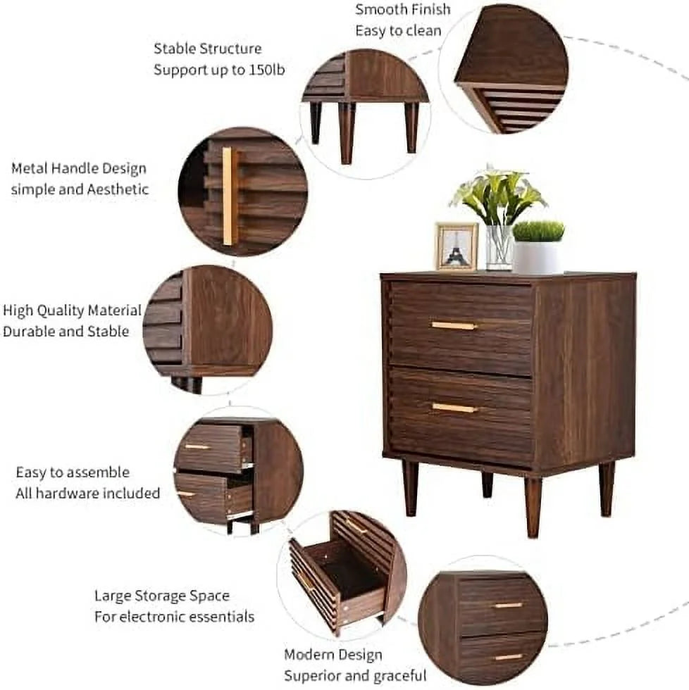 Mid-Century Modern Nightstand with 2 Drawers and Solid Wood Legs X354004