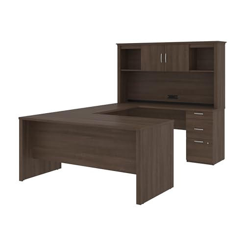 Bestar Logan 66W U or L-Shaped Executive Office Desk with Pedestal and Hutch, Bark Grey W17996