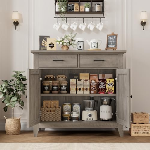 HORSTORS Kitchen Storage Cabinet, Farmhouse Buffet with 2 Drawers and 2 Doors, Grey A4009