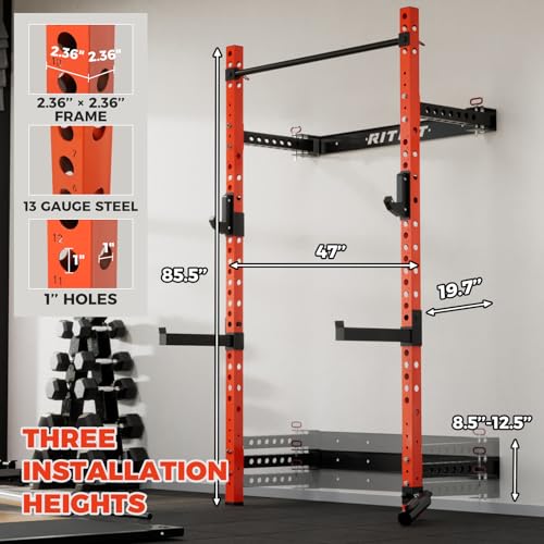 RitFit Multi-Functional Folding Squat Rack for Home Gym, Wall Mounted with Attachments V171188