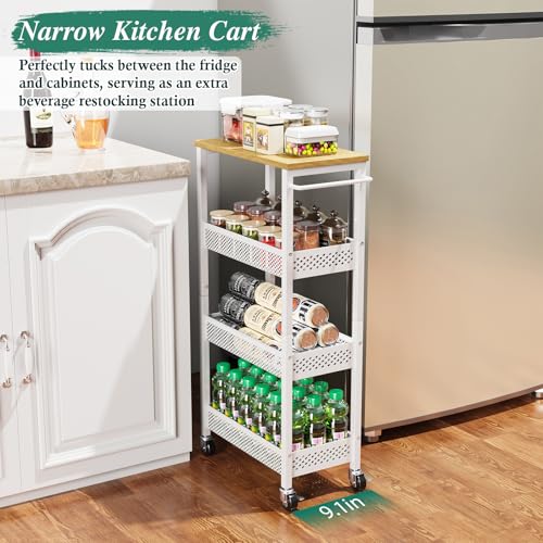 Utility Slim Storage Cart 4-Tier Rolling Cart with Wood Top A517006