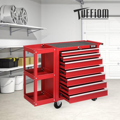 TUFFIOM 7-Drawer Rolling Tool Chest with Side Shelves and Lockable Wheels L105