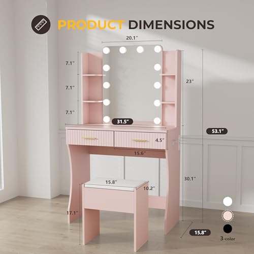 White Vanity Desk with LED Mirror and Storage Stool D5834