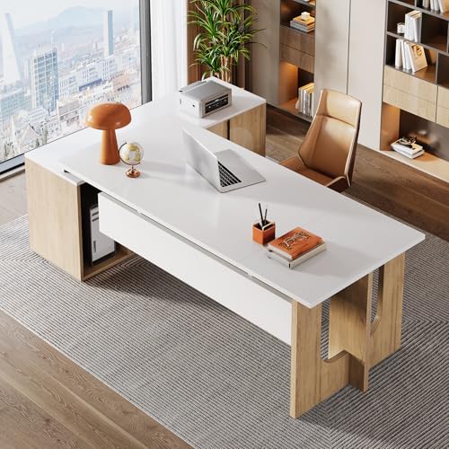 Tribesigns 74.8" L Shaped Executive Desk with Shelves, Black and Brown R6407