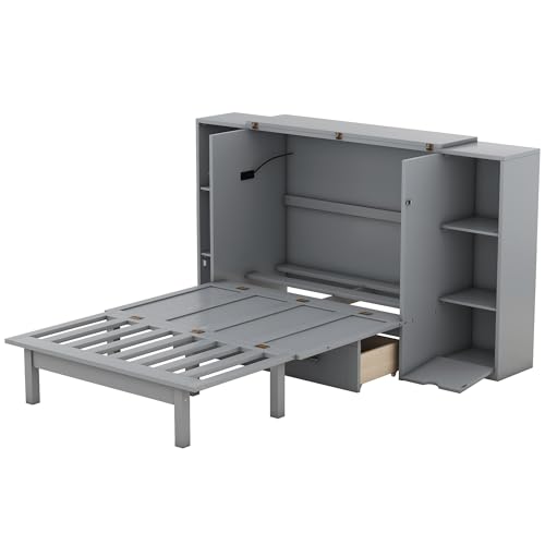 Ball & Cast Queen Size Solid Pine Murphy Bed with Charging Station, White + Walnut P2075
