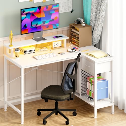Fixwal L Shaped Gaming Desk with Power Outlets and LED Lights, Rustic Brown J2138