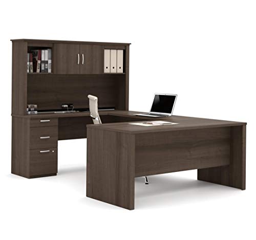 Bestar Logan 66W U or L-Shaped Executive Office Desk with Pedestal and Hutch, Bark Grey W17996