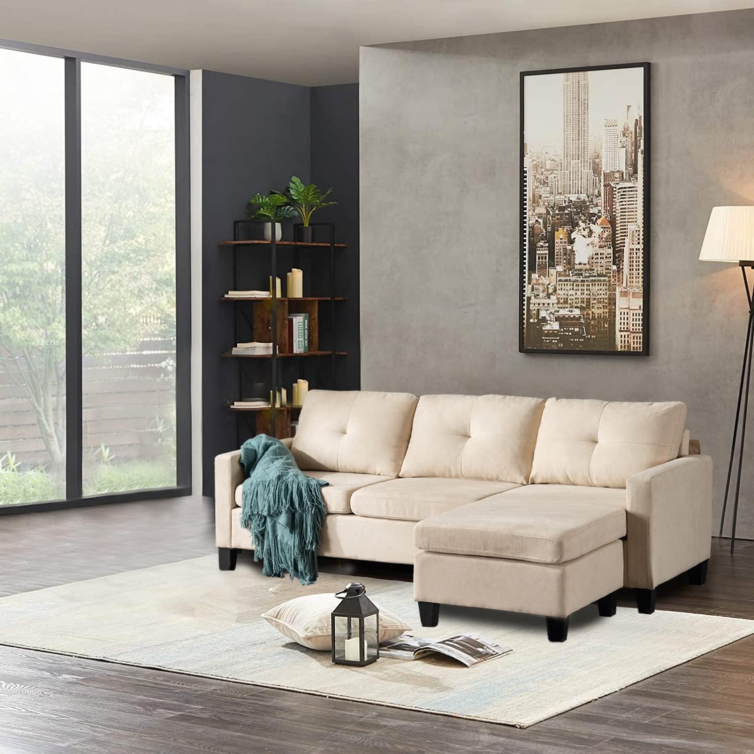 75" Modern Fabric Sectional Sofa with Chaise and Ottoman, Beige C8036