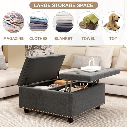 Large Square Storage Ottoman Coffee Table with Lift Top, Linen Upholstered, Light Grey L2433