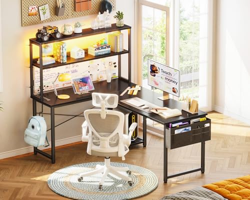 AODK L Shaped Gaming Desk with LED Light & Power Outlet, Grey Oak P41493