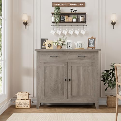 HORSTORS Kitchen Storage Cabinet, Farmhouse Buffet with 2 Drawers and 2 Doors, Grey A4009