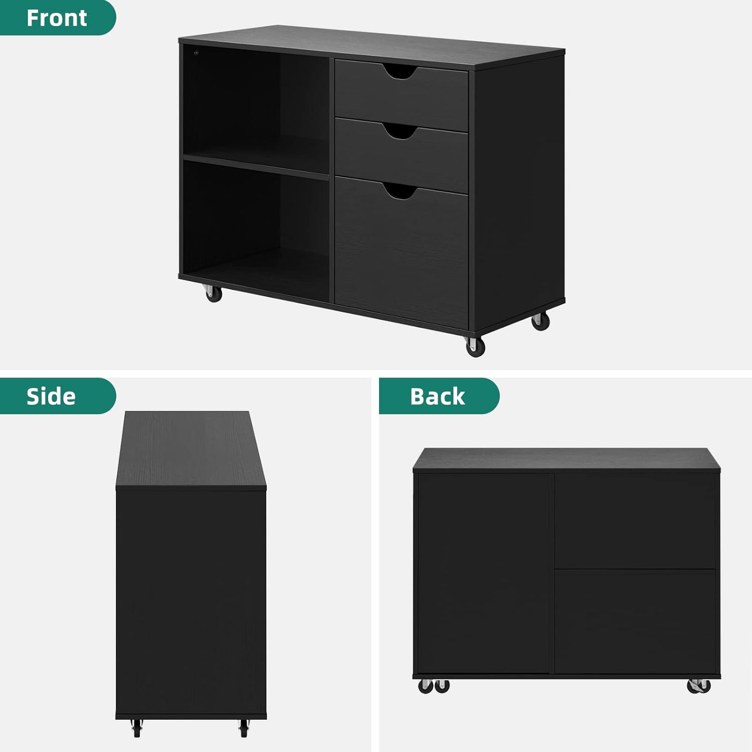 YITAHOME 3 Drawer Mobile Wood File Cabinet for Home Office, Black P51639