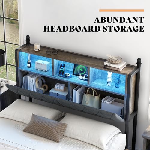 AMERLIFE Full Size Bed Frame with Bookcase Headboard, Charging Station, Rustic Brown H544