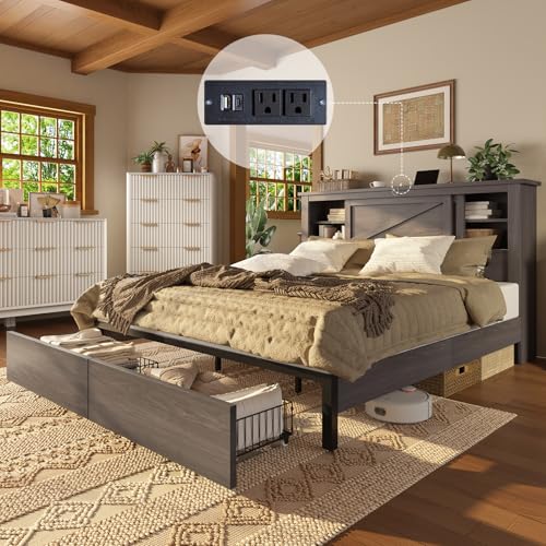 AMERLIFE King Bed Frame with Bookcase Headboard and Charging Station V4787