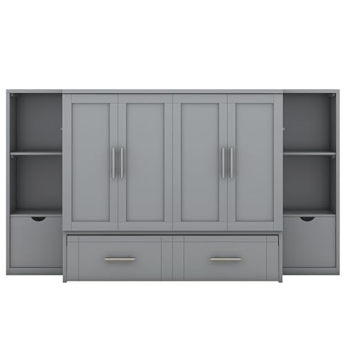 Ball & Cast Queen Size Solid Pine Murphy Bed with Charging Station, White + Walnut P2075