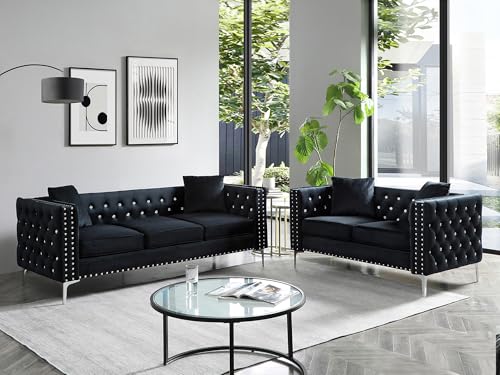 2 Piece Living Room Furniture Sofa Set,Velvet Couch and Loveseat Sets,Jeweled Button Tufted Chesterfield Sofa,Modern muebles para la sala for Living Room,Bedroom,Office(Loveseat+3 Seater,Beige)
