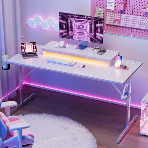 Bestier 52 inch Gaming Desk with Power Outlets and USB Charging Ports, Sturdy Computer Desk with LED Lights and Monitor Stand, Computer Table for Home Office, Easy to Assemble, Carbon Fiber Black