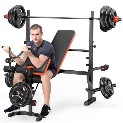 XDDIAS Weight Bench, 770LBS Bench Press Set with Leg Extension, 6 in 1 Olympic Weight Bench for Home Gym, Adjustable Workout Bench with Rack & Preacher Pad, Flat Incline Bench for Weight Lifting