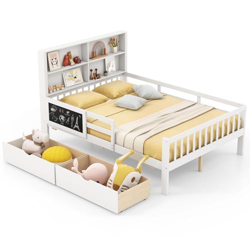 Giantex Full Bed with 2 Storage Drawers, Solid Wood Kids Bed Frame, White N580265