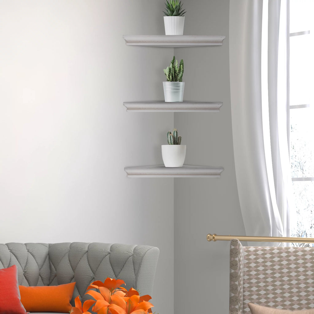 American Art Decor Rustic Whitewashed Wood Floating Corner Shelves, Set of 3 D47446