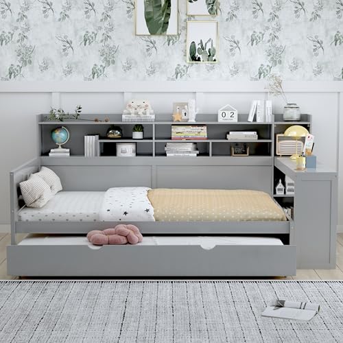 Bellemave Twin Corner Bed Frame with Storage Shelves and Desk, Gray L74206
