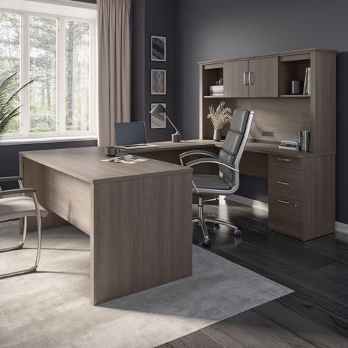 Bestar Logan 66W U or L-Shaped Executive Office Desk with Pedestal and Hutch, Bark Grey W17996