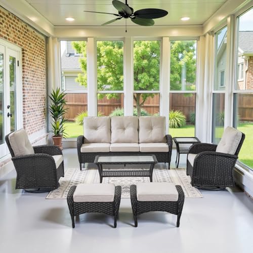 Outdoor Wicker Swivel Rocker Chairs Set of 2 with Rattan Side Table, Brown/Blue B592