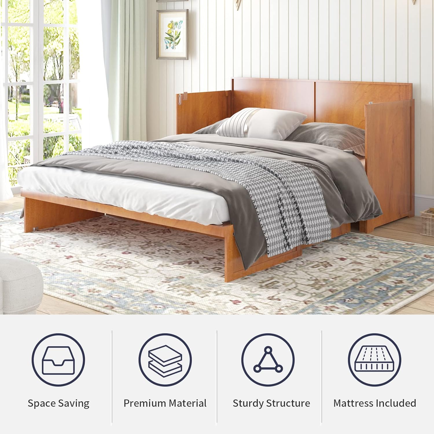 Murphy Cabinet Bed with Built-in USB Power Strip and 2 Drawers, Cherry H63614