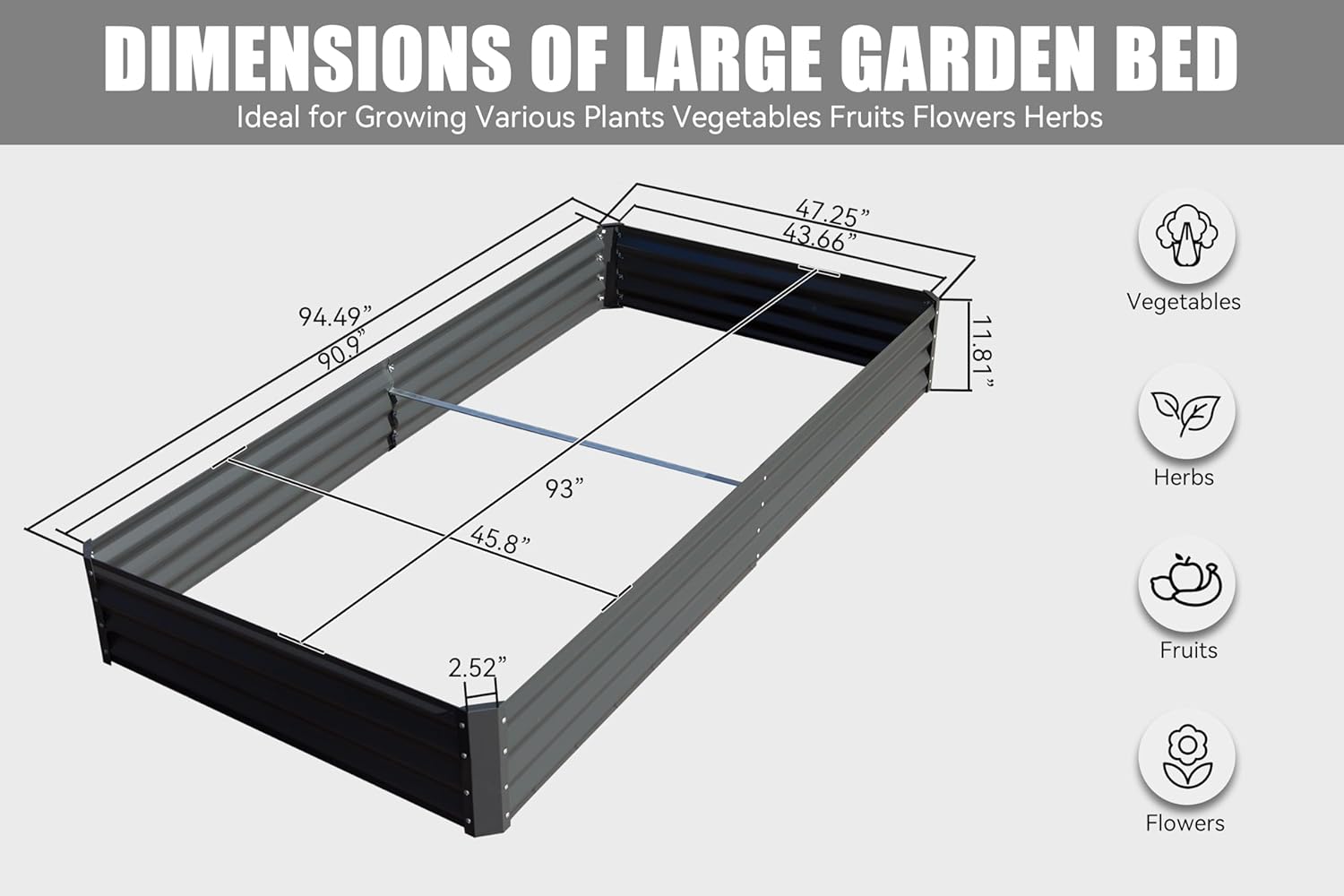 Galvanized Raised Garden Bed 8x4x1 ft Outdoor Metal Planter Box Gray Z919230
