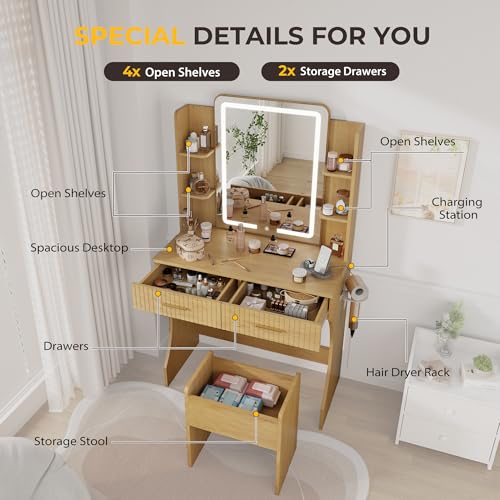White Vanity Desk with LED Mirror and Storage Stool D5834