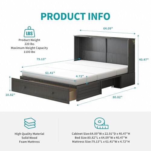 BALUS Queen Murphy Bed Cabinet with USB Charging Station, Cherry Q863