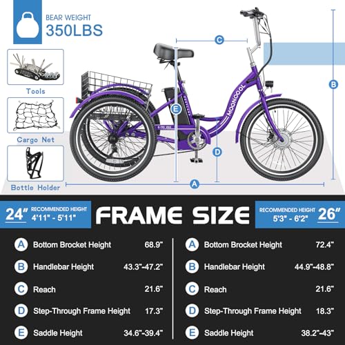 MOONCOOL Electric Tricycle for Adults, 350W 36V, 7 Speeds with Large Basket L833080