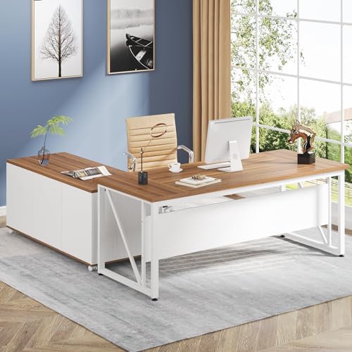 Tribesigns 63" Executive Desk with 47" Lateral File Cabinet, L-Shaped Computer Desk, Brown and Black N680173