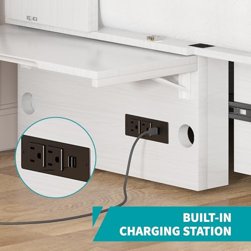 BALUS Murphy Cabinet Bed Queen with USB Charging Station, Tri-Fold Mattress, Dark Grey V81631