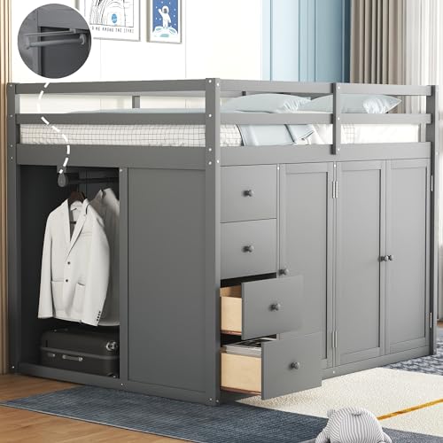Harper & Bright Designs Twin Size Loft Bed with L-Shaped Desk and Stairs, Solid Wood, White D768