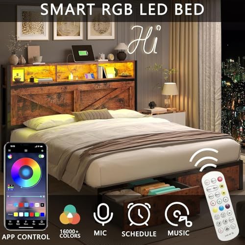 Farmhouse Full Bed Frame with Bookcase Headboard, LED Lights and Charging Station M527023