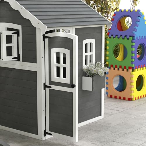 Outsunny Wooden Playhouse for Kids with Floor, Door, Windows & Planter Box, Gray J692318