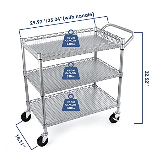 WDT Heavy Duty 3 Tier Utility Cart with Wheels, Commercial Grade Service Cart, 750LBS Capacity Silver L466