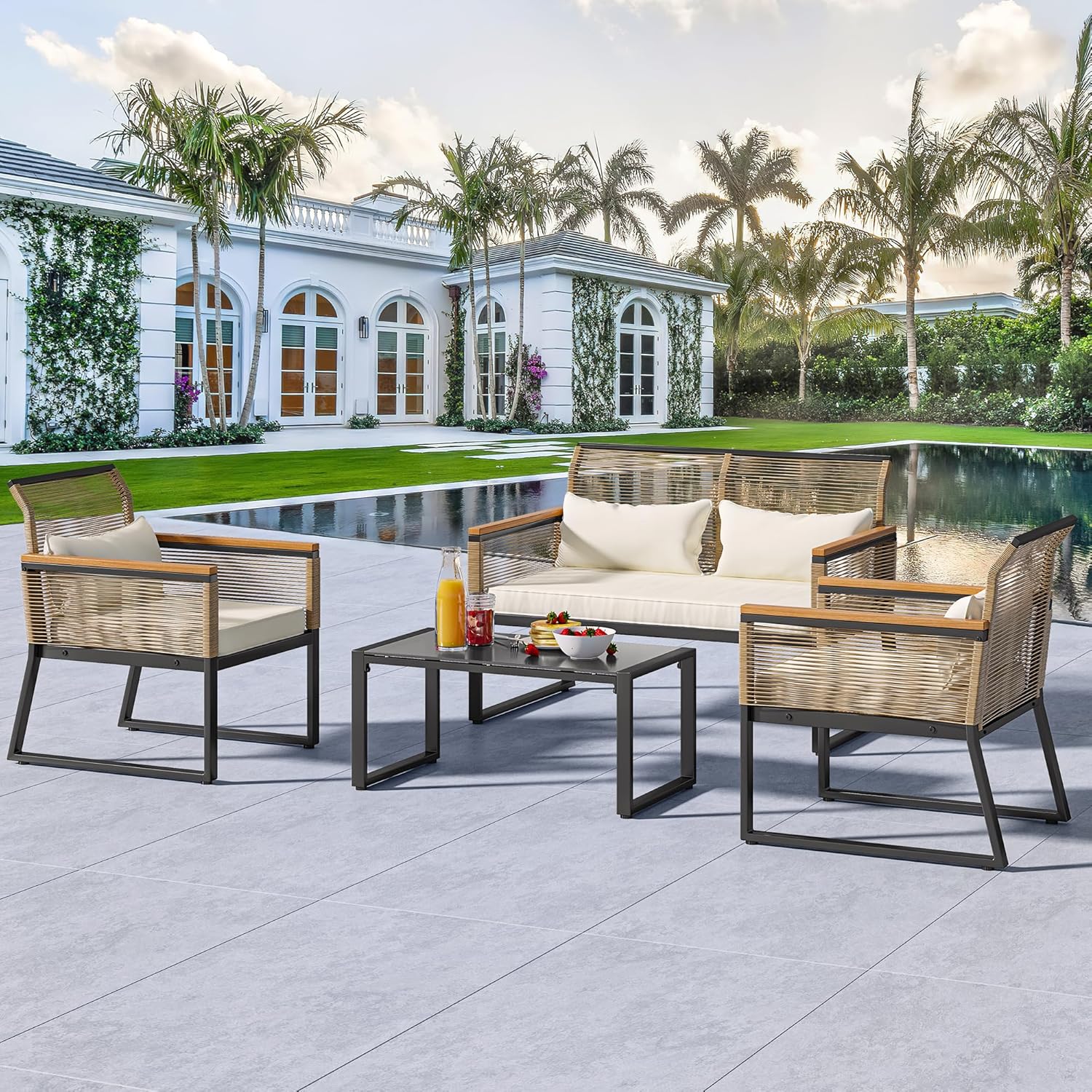 YITAHOME Patio Wicker Outdoor Bistro Set 4-Piece with Gray Cushions I870625
