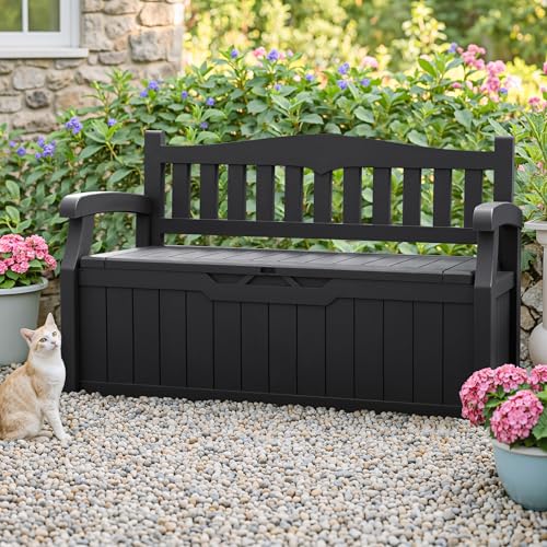 Homall 75 Gallon Outdoor Storage Bench Lockable Deck Box Waterproof UV Resistant Grey D354316