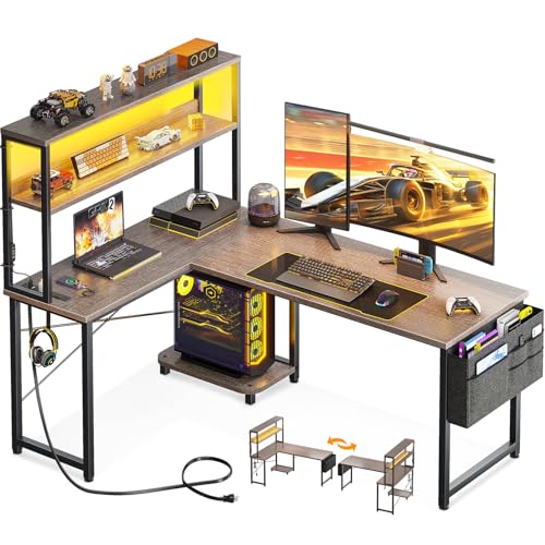 AODK L Shaped Gaming Desk with LED Light & Power Outlet, Grey Oak P41493