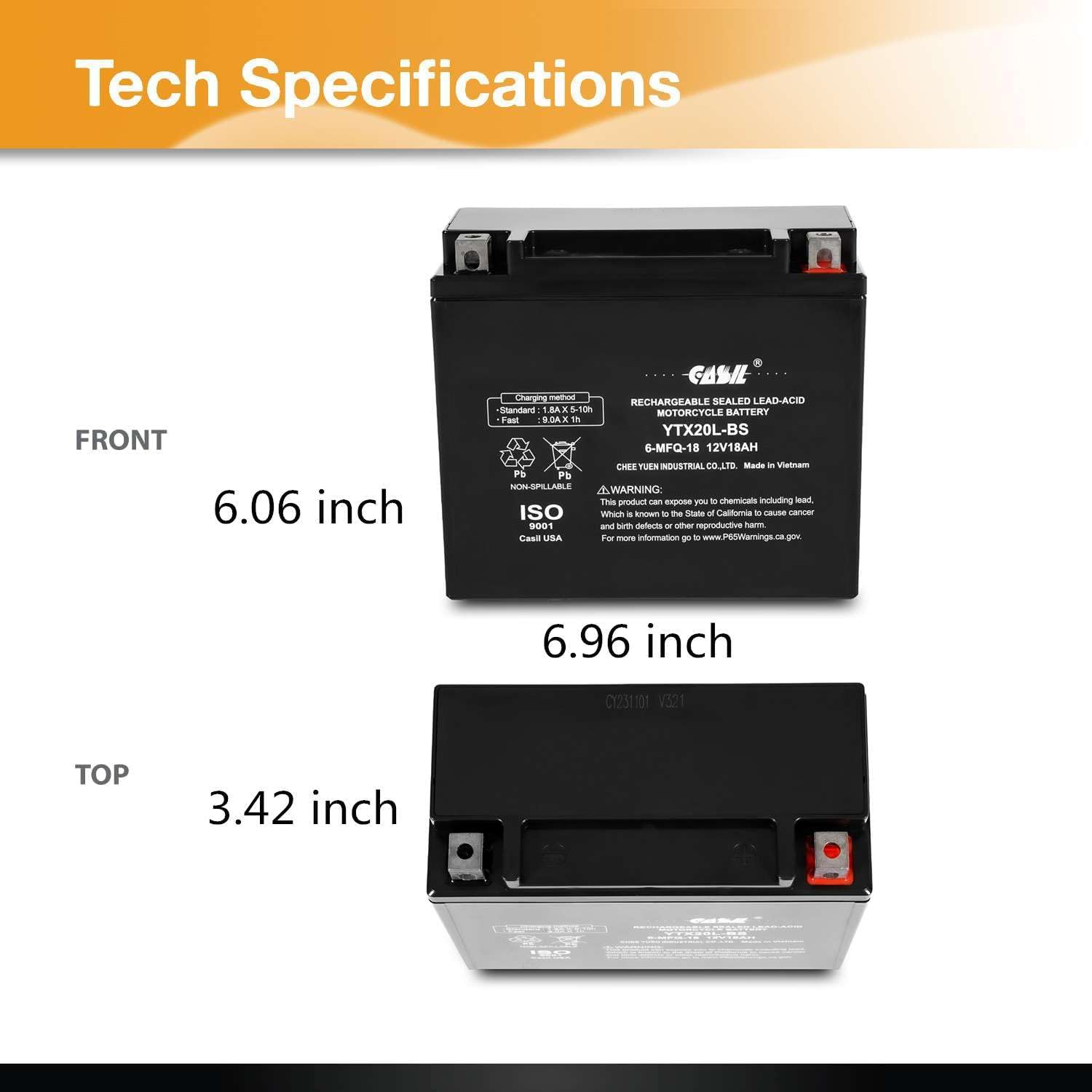 YTX20L-BS Sealed AGM Battery for Motorcycle ATV UTV Snowmobile S992506