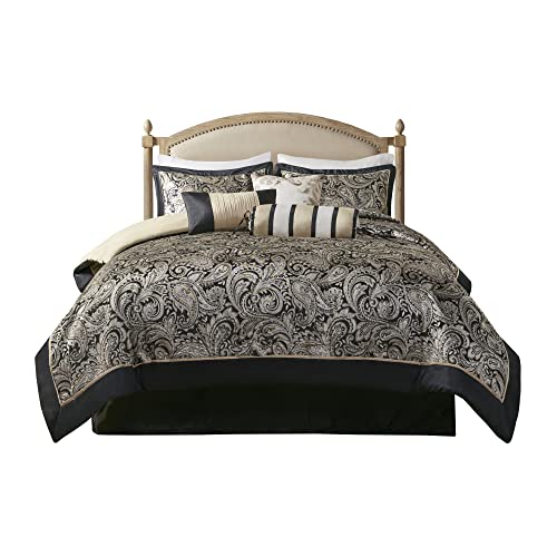 Madison Park Cal King 7 Piece Comforter Set, Faux Silk Jacquard Paisley, Black S501