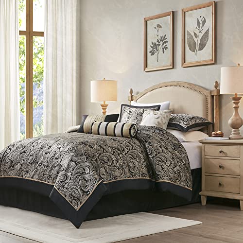 Madison Park Cal King 7 Piece Comforter Set, Faux Silk Jacquard Paisley, Black S501
