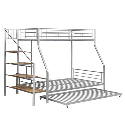 Twin Over Full Metal Bunk Bed with Trundle and Stairs Y9724