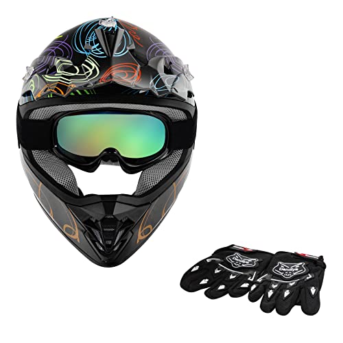 SLMOTO Dot Youth Kids Motocross Offroad Helmet with Goggles and Gloves Blue Skull D851858